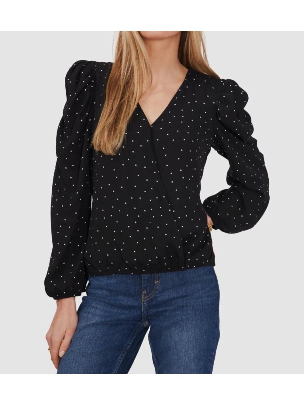 Sam and Jess Womens Surplice Polka Dot Puff Sleeves Blouse Top Black Size S NWT